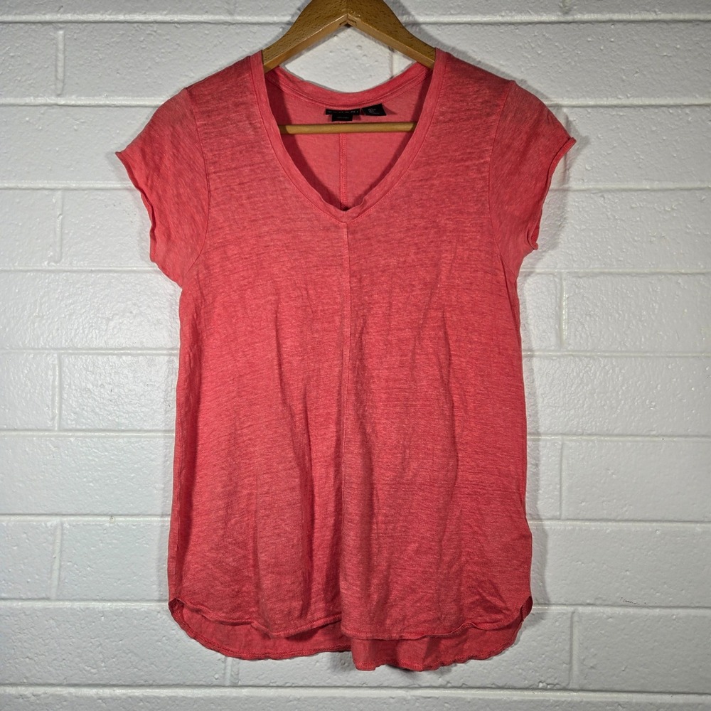 Tahari 100% Linen V-Neck T-Shirt Large Coral Pink Top Casual Staple Spring Cap